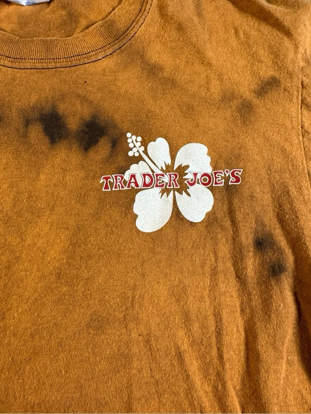 Trader Joe's Long Sleeve Shirt Brown Tie Dye Hibiscus Logo Port & Company Small - Picture 2 of 13